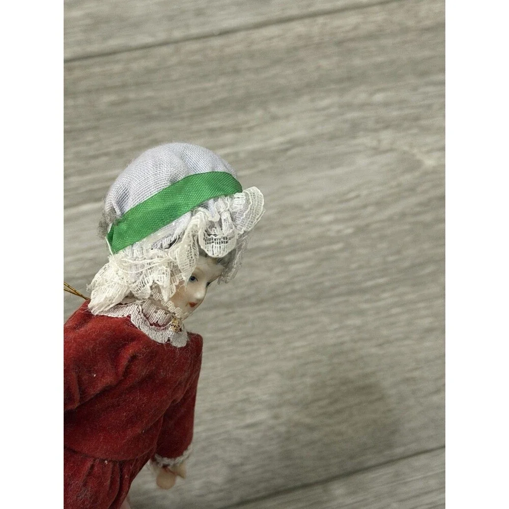VTG Victorian Style Porcelain Woman Doll Red Velvet Dress/Holly Bonnet Ornament